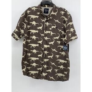 MASSIVE APPAREL Men's Dinosaur Print Brown Button Front Short Sleeve Shirt SZ XL